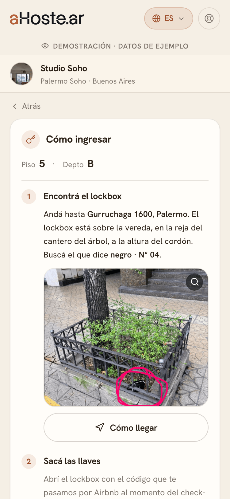 La demo del huésped: instrucciones de ingreso reales con foto del lockbox, piso y dirección